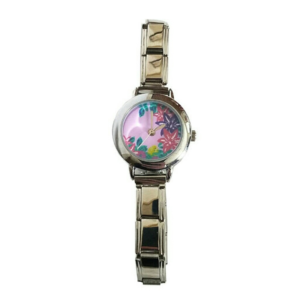 Stella Saksa Tropical Violet Floral Palm Charm Silver Watch